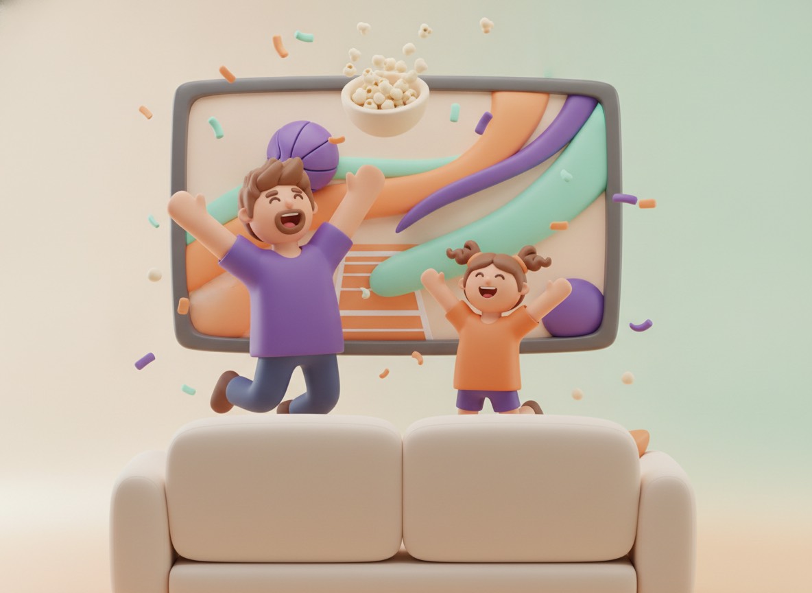 A dad and his daughter cheering a basketball game on TV