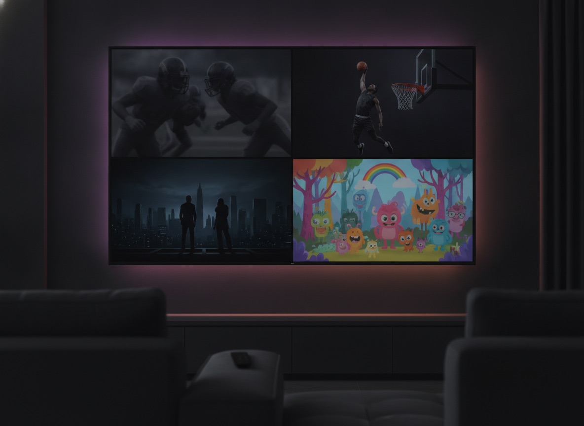 A TV showing football, basketball, a movie and a cartoon at once