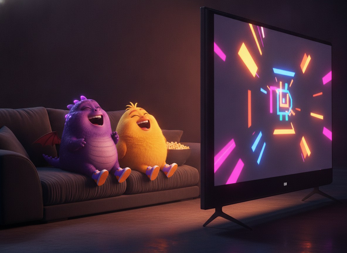 Original cartoon characters watching TV on a sofa