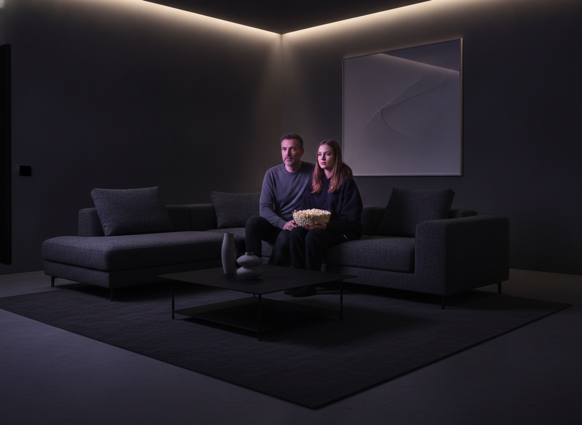 A family laughing together on the sofa in front of the TV