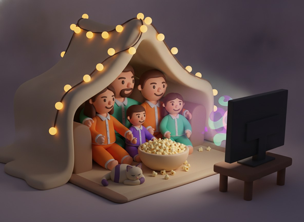 A family watching a movie in a blanket fort with popcorn