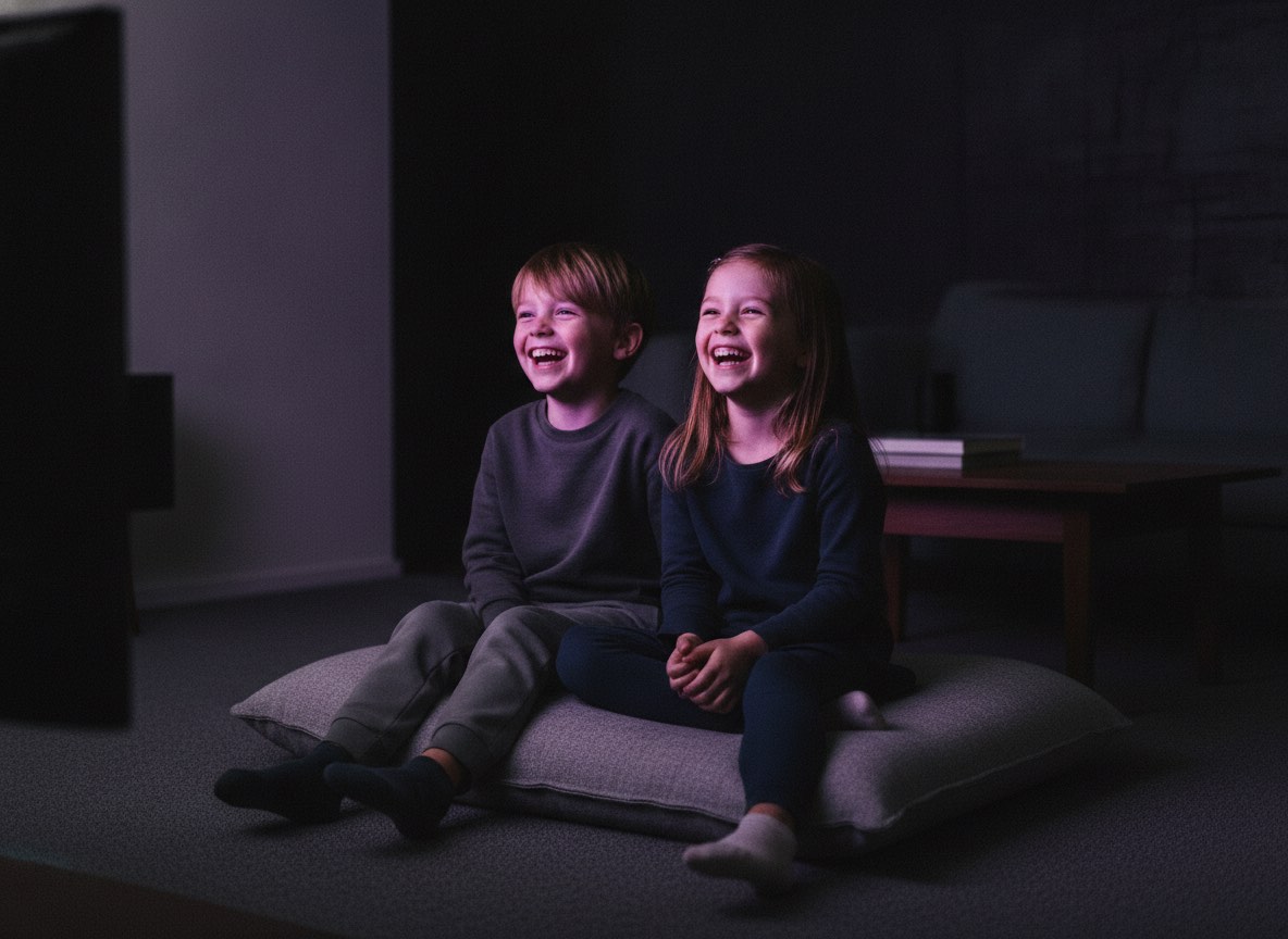 Two kids laughing at a cartoon